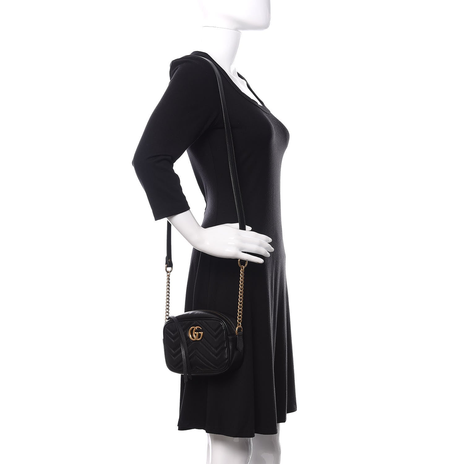 Gucci Calfskin Matelasse Mini GG Marmont Chain Shoulder Bag Black 2 of 12