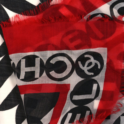 Chanel Cashmere Silk CC Logo Fringe Scarf White Black Red 4 of 4