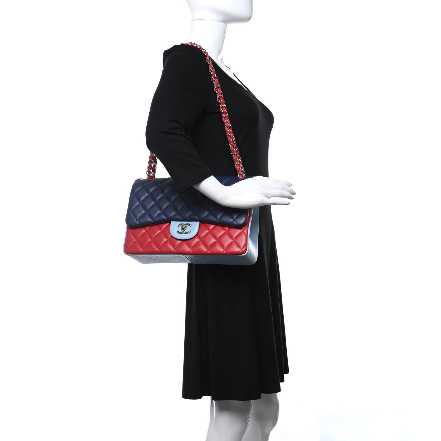 Chanel Lambskin Quilted Jumbo Tri-Color Double Flap Navy Blue Red 1 of 10