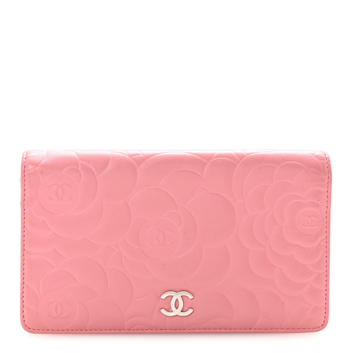Lambskin Camellia Embossed Yen Wallet Pink