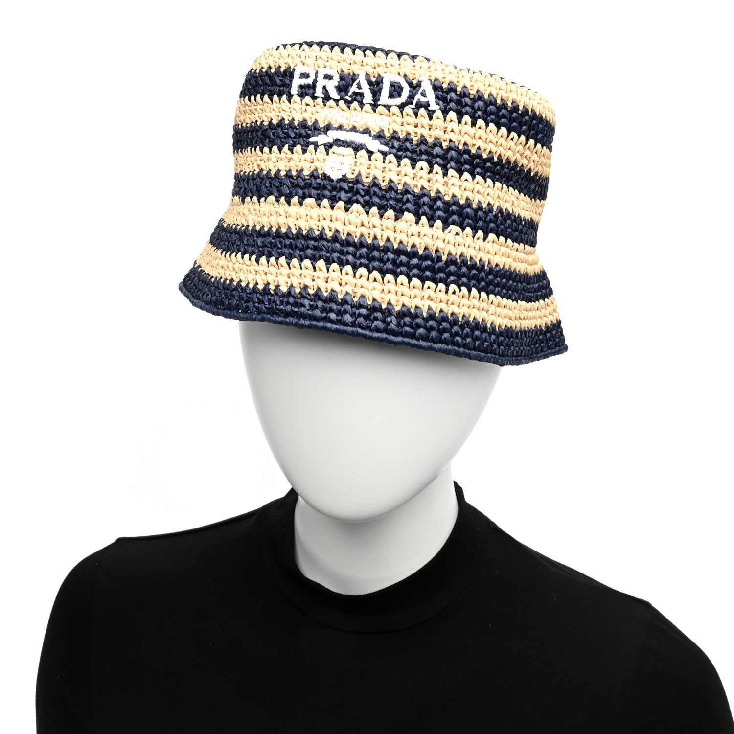 Prada Raffia Striped Logo Embroidered Womens Bucket Hat M Naturale Baltico 2 of 7