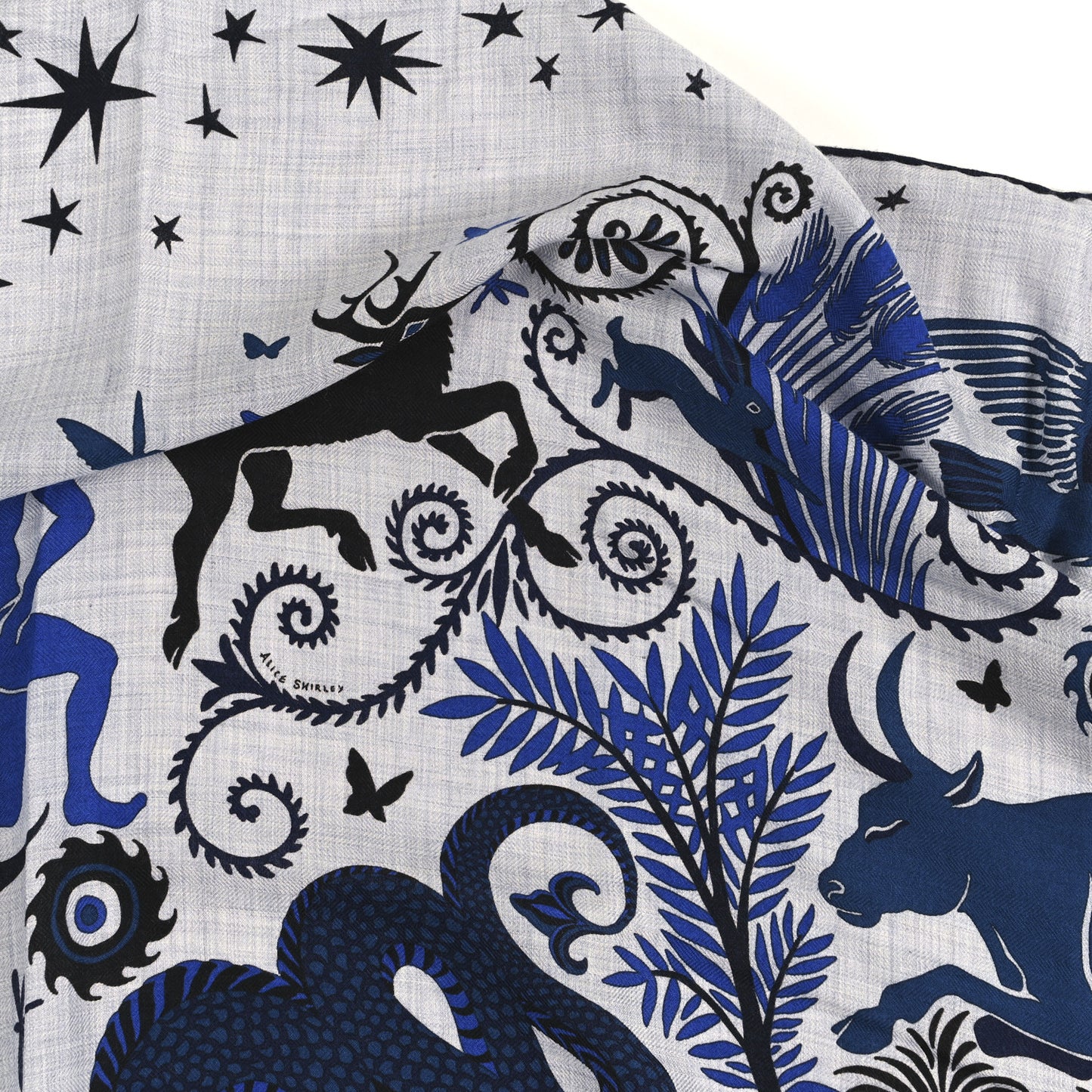 Cashmere Silk Sous Le Charme d'Orphee Shawl 140 Gris Chine Bleu Electrique