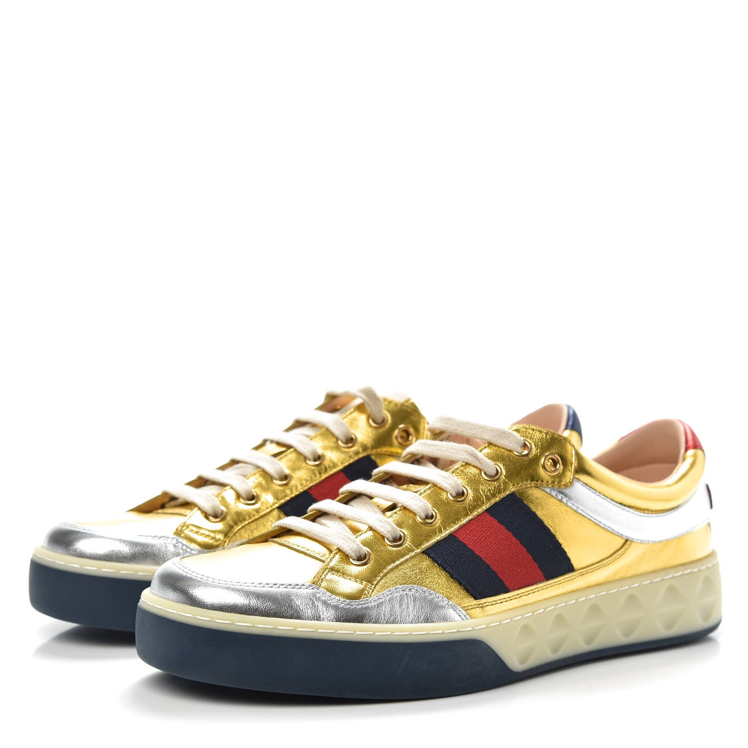 Gucci Metallic Nappa Web Mens Low Top Sneakers 7 Argento Oro Vecchio 3 of 9