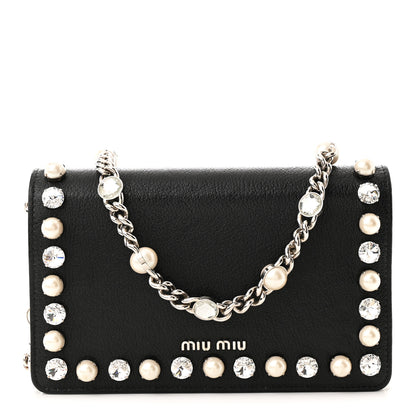 Miu Miu Goatskin Madras Crystal Pearl Flap Clutch Black 1 of 12