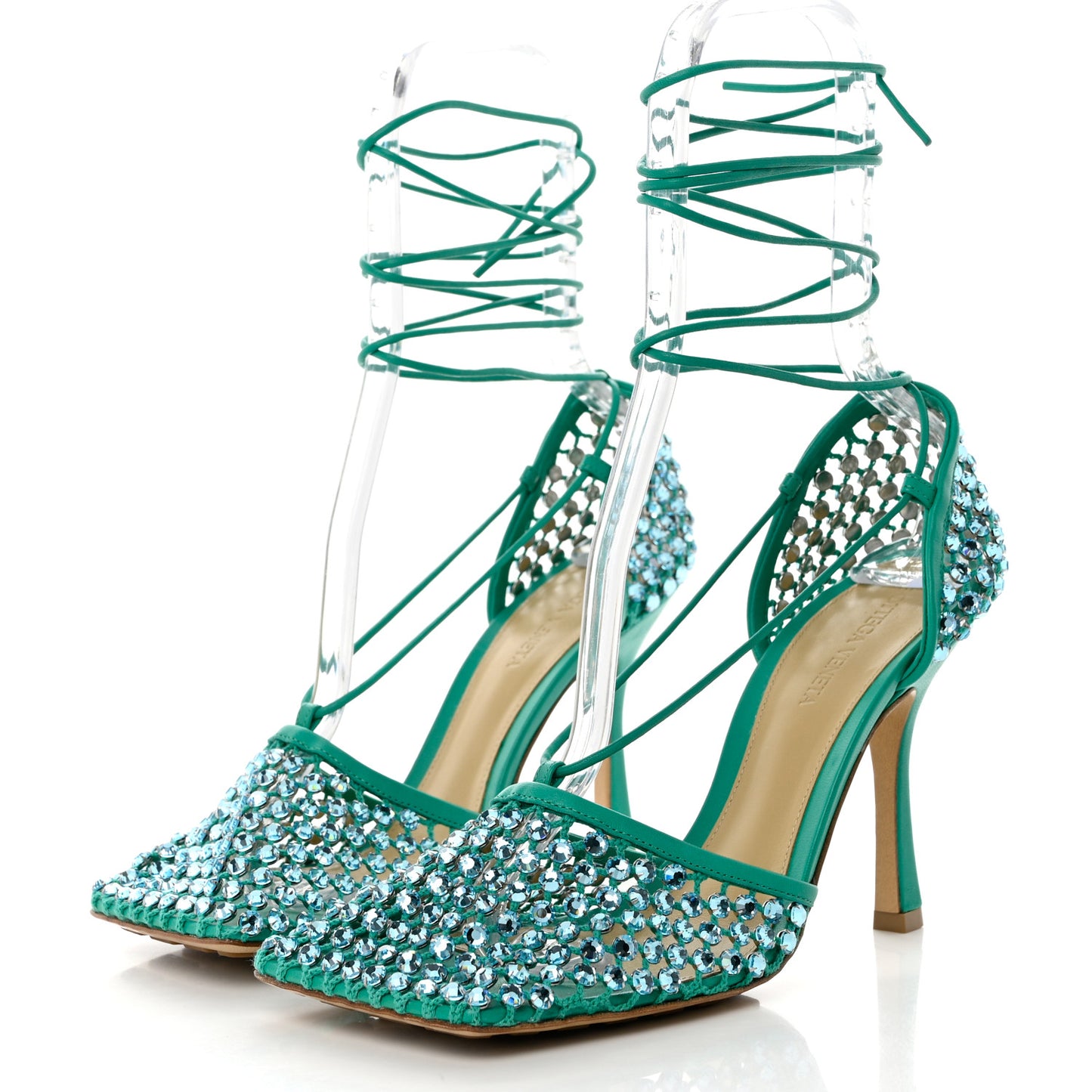 Mesh Nappa Crystal Embellished Sparkle Stretch Ankle Tie Sandals 39.5 Acid Turquoise