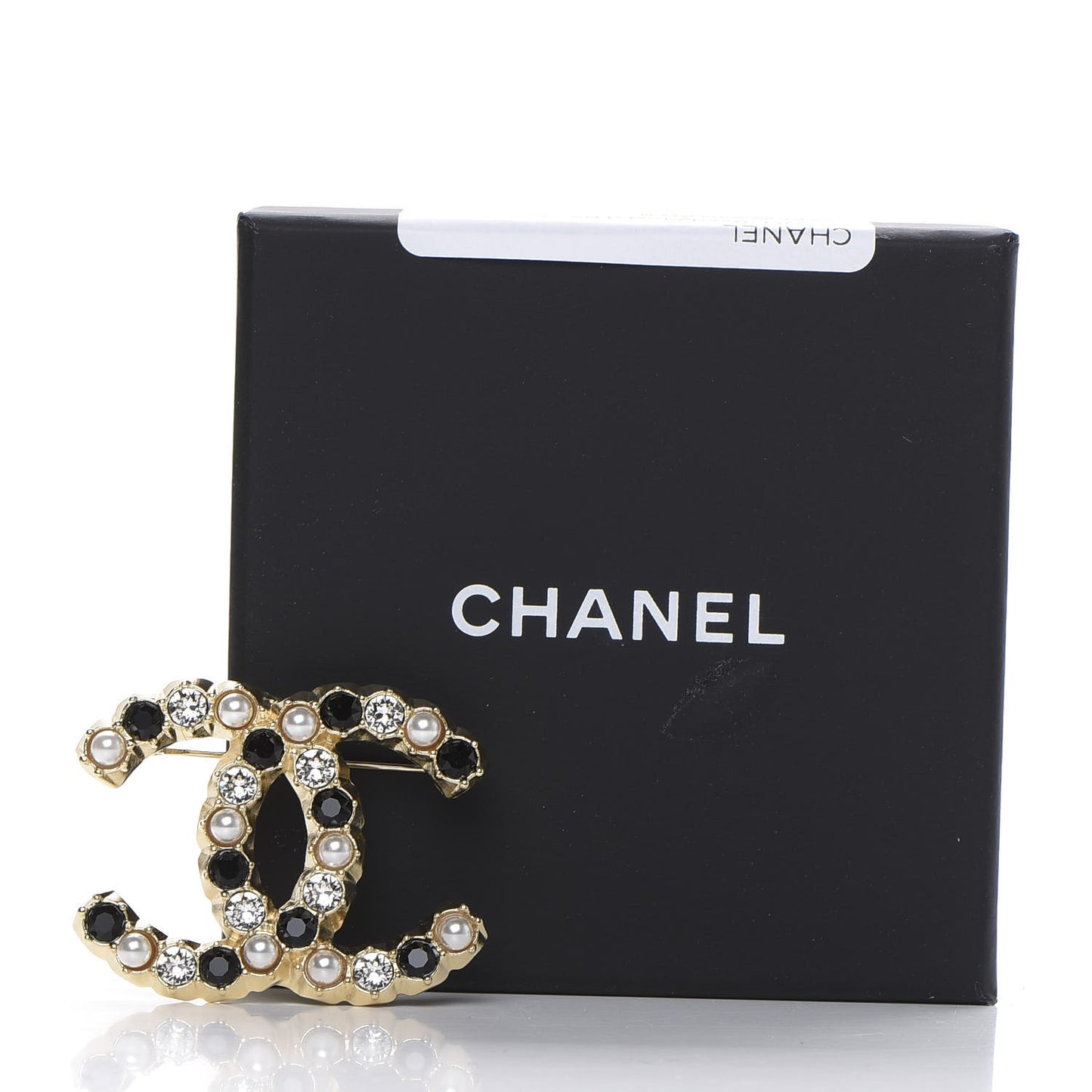 Pearl Crystal CC Brooch Black Gold