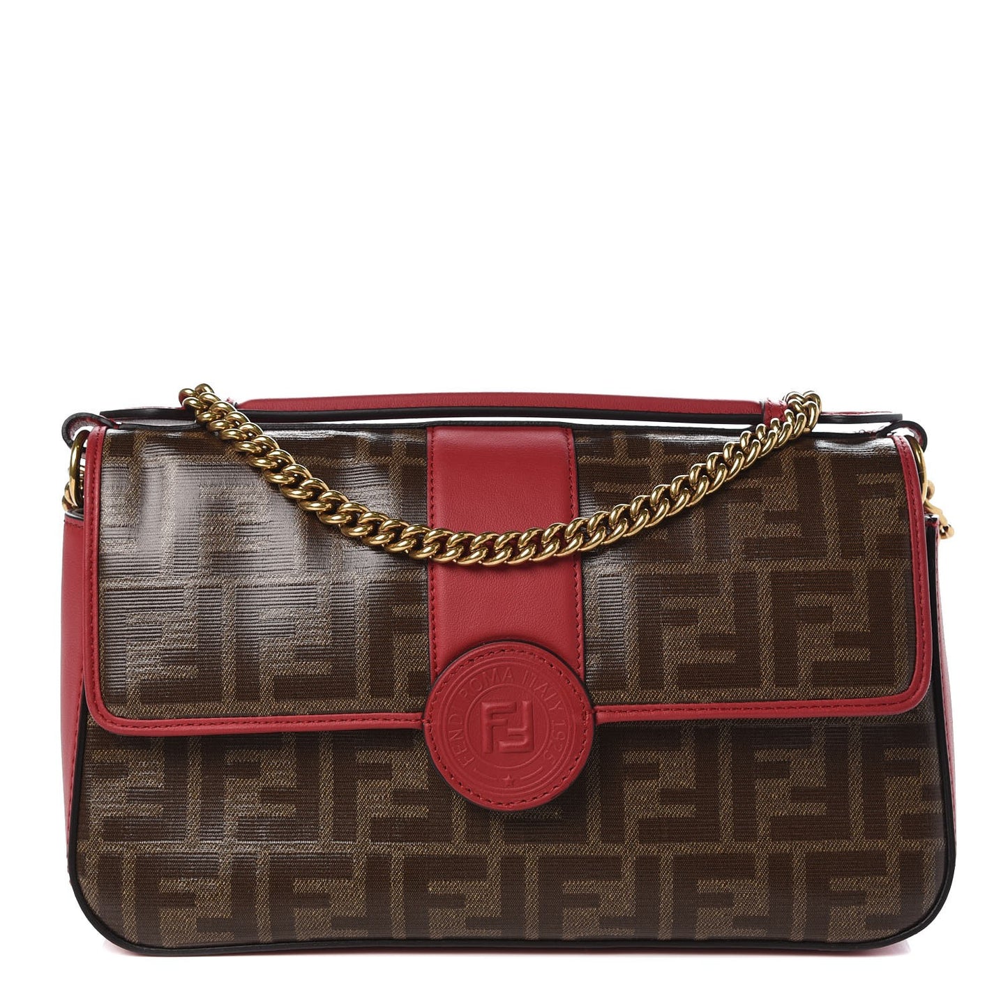 Vitello Grace Glazed Fabric FF 1974 Double F Shoulder Bag Fragola Mogano Panna