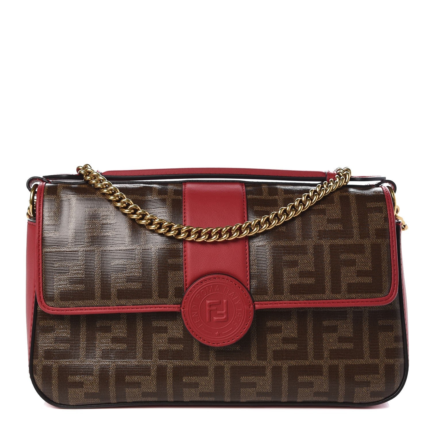 Fendi Vitello Grace Glazed Fabric FF 1974 Double F Shoulder Bag Fragola Mogano Panna 1 of 10