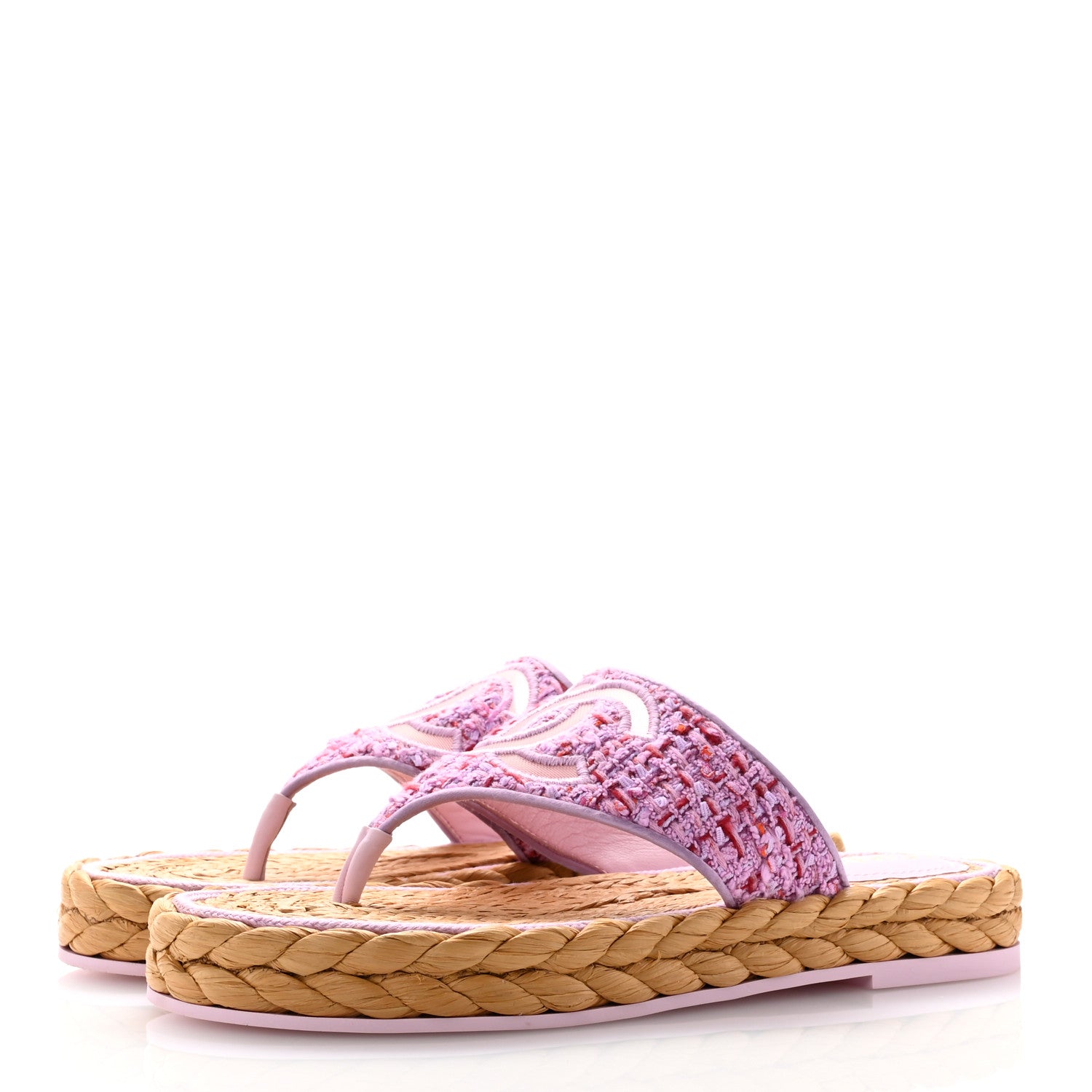 Chanel Tweed Mesh Satin CC Thong Sandals 38.5 Light Purple Pink Red 3 of 9