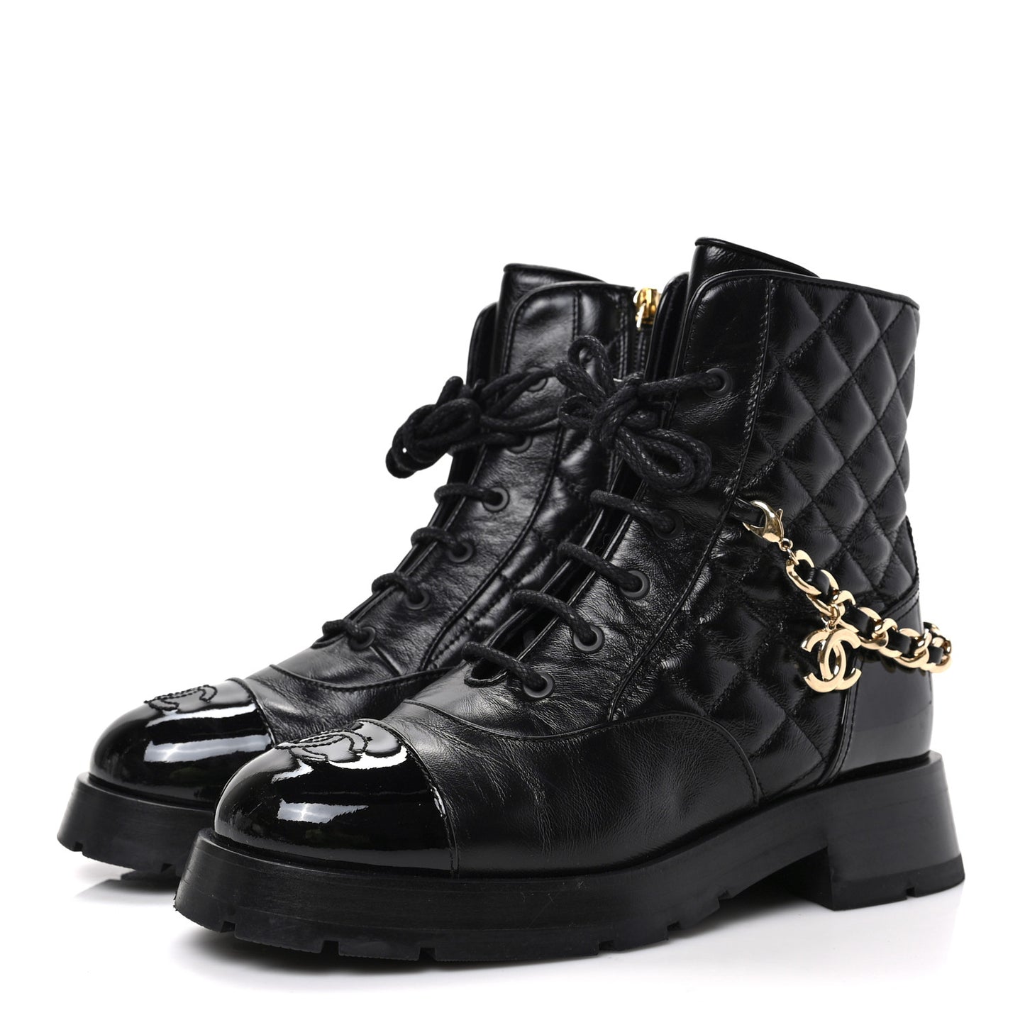 Shiny Calfskin Patent Quilted Chain Lace Up Combat Boots 37 Black