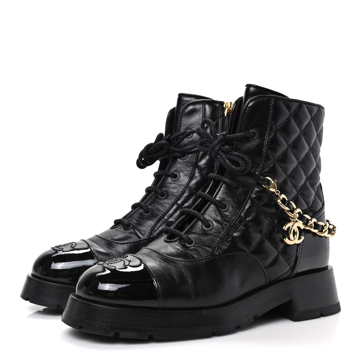 Chanel Shiny Calfskin Patent Quilted Chain Lace Up Combat Boots 37 Black 3 of 8