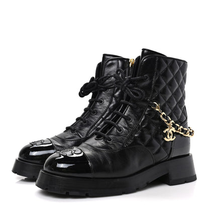 Chanel Shiny Calfskin Patent Quilted Chain Lace Up Combat Boots 37 Black 3 of 8