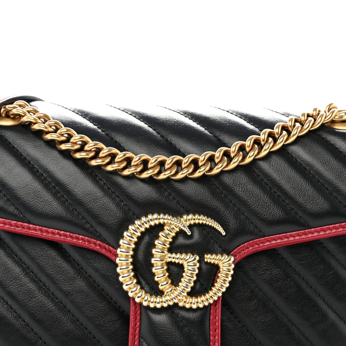 Vintage Effect Calfskin Matelasse Diagonal Small Torchon GG Marmont Shoulder Bag Black Romantic Cherry