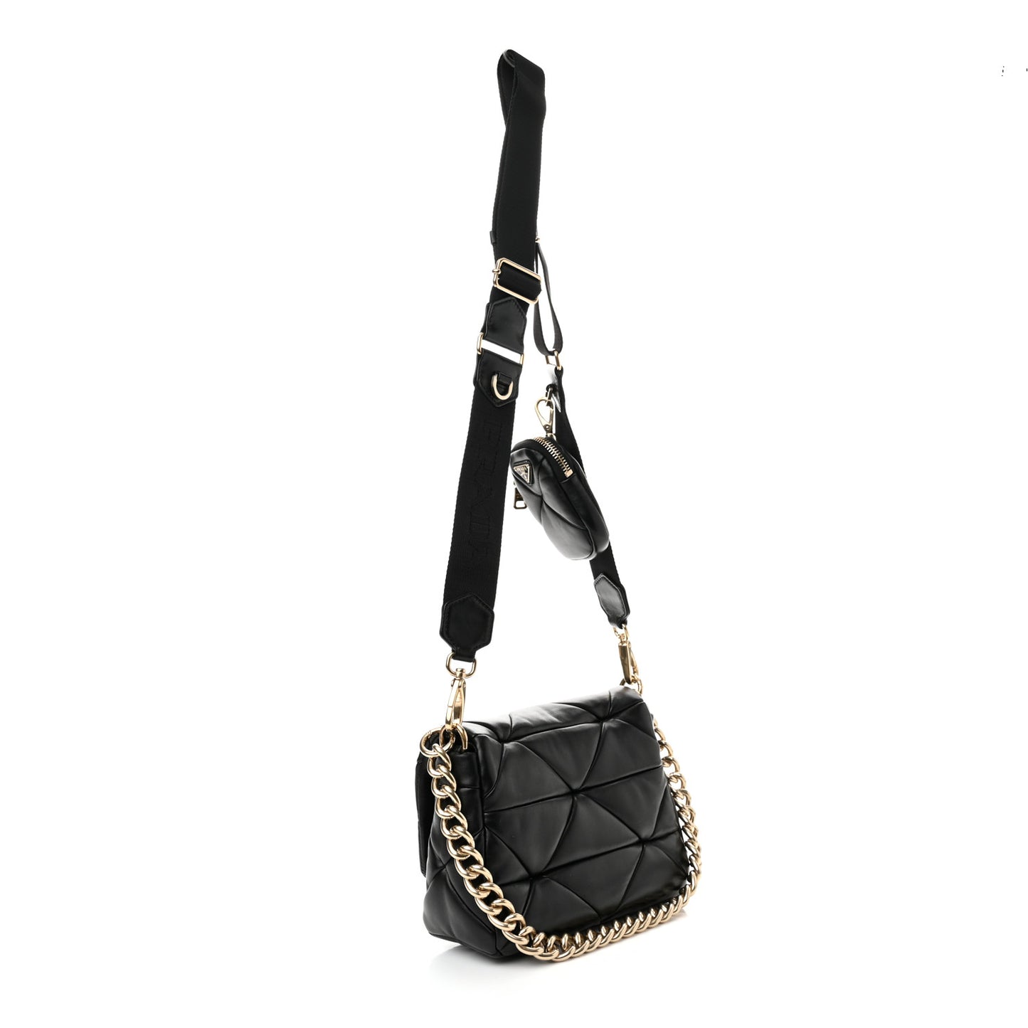 Nappa Re-Nylon Triangle Quilted Patchwork System Flap Shoulder Bag Black
