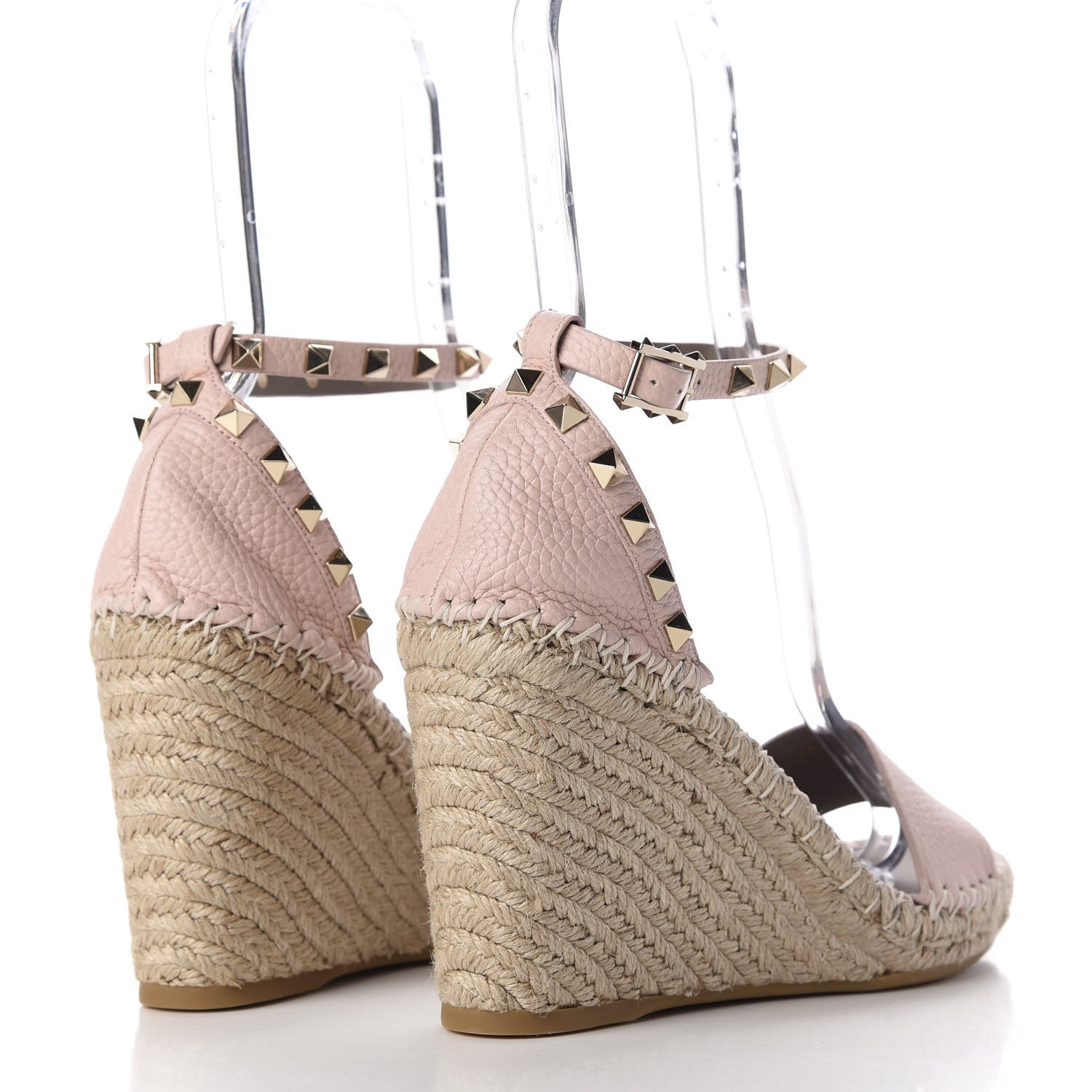Valentino Garavani Grained Calfskin Rockstud Ankle Strap Espadrille 15/105mm Wedge Sandals 39 Rose Quartz Natural 4 of 9