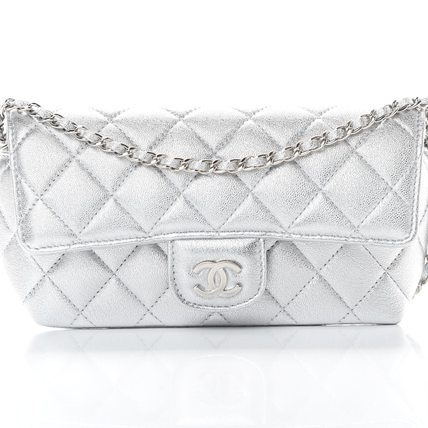Metallic Lambskin Quilted Glasses Case With Chain Silver