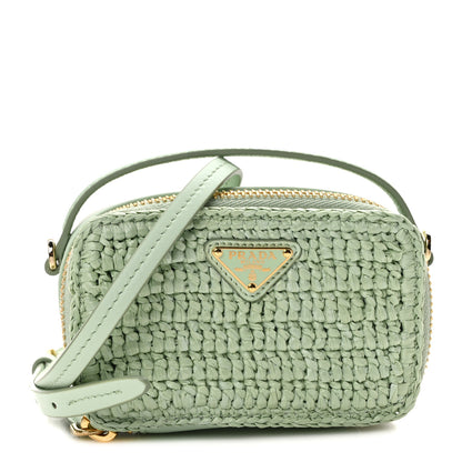 Prada Yarn Raffia Effect Calfskin Crochet Metal Triangle Logo Mini Pouch with Handle Acqua 1 of 10