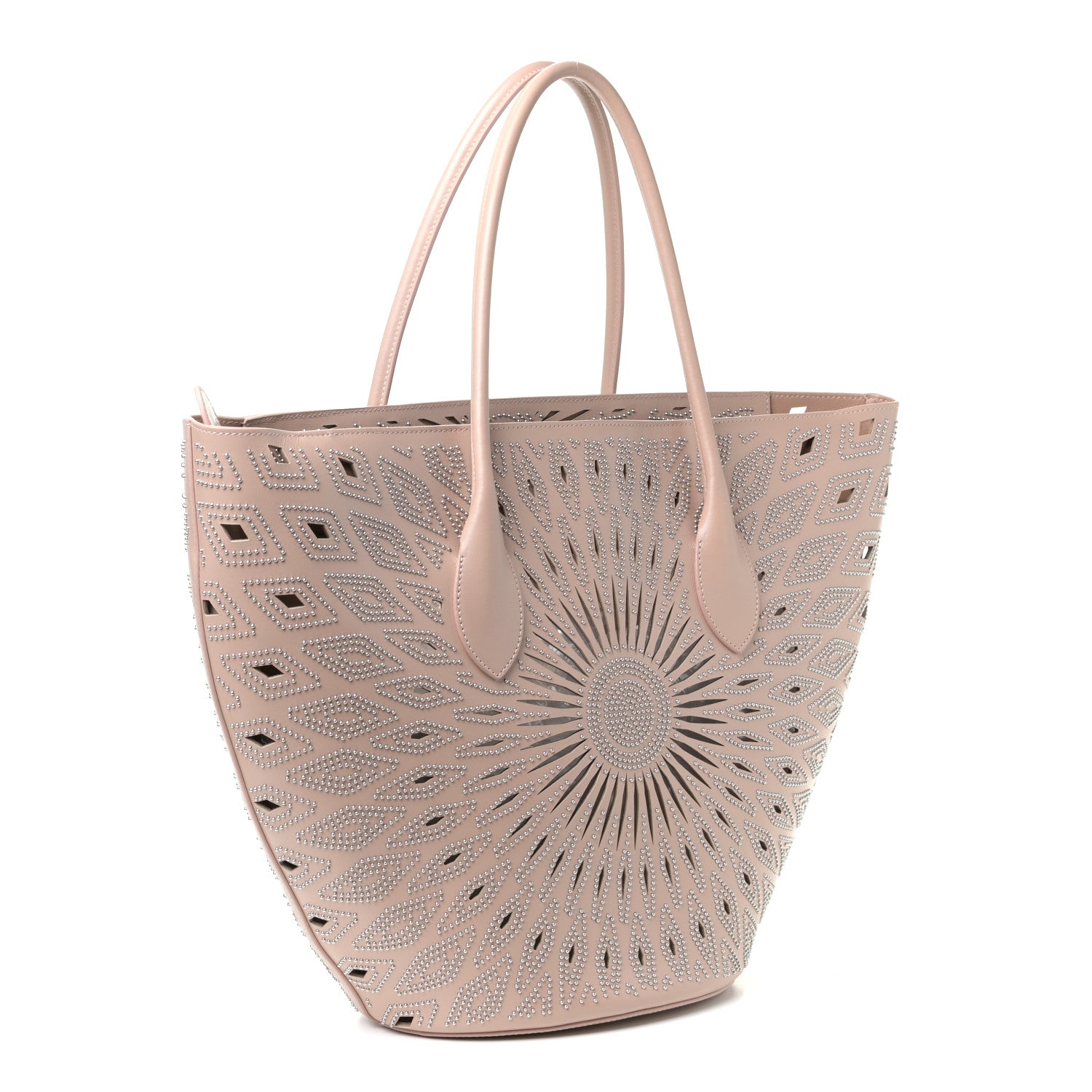 Alaia Calfskin Laser Cut Studded Mini Latifa Tote Sable 2 of 5