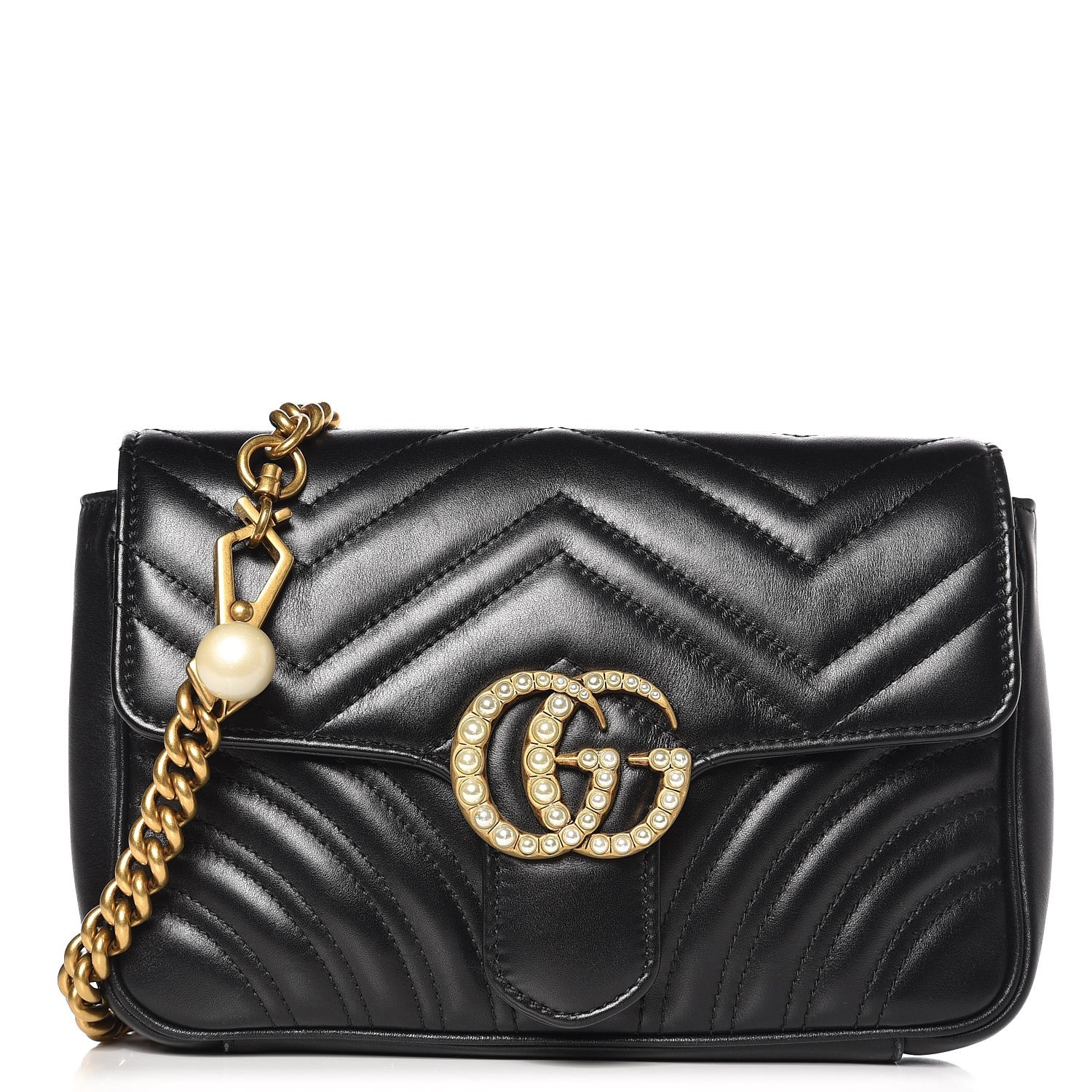Gucci Calfskin Matelasse Pearly GG Marmont Chain Belt Bag Black 1 of 8