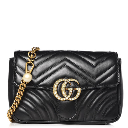Gucci Calfskin Matelasse Pearly GG Marmont Chain Belt Bag Black 1 of 8