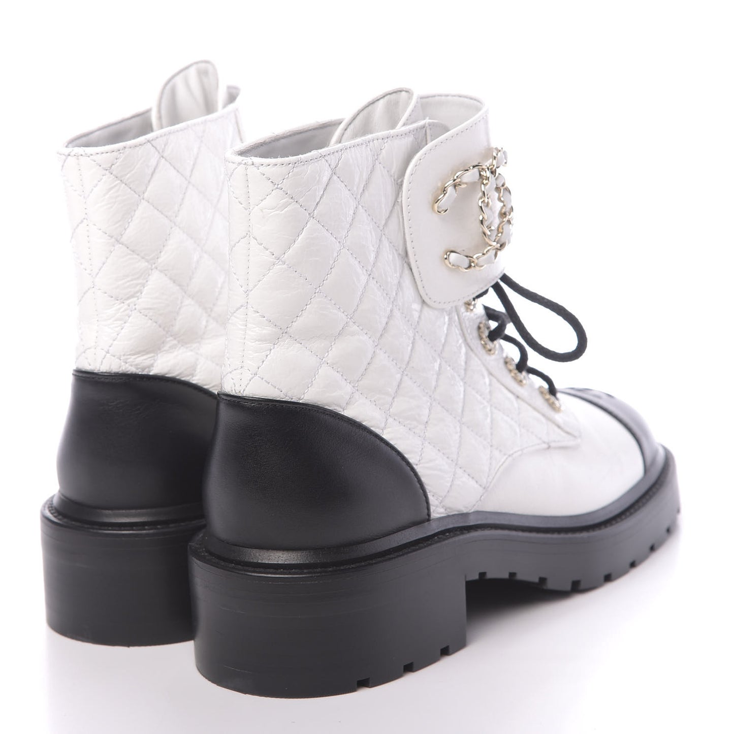 Shiny Goatskin Calfskin Quilted Lace Up Combat Boots 38.5 White Black