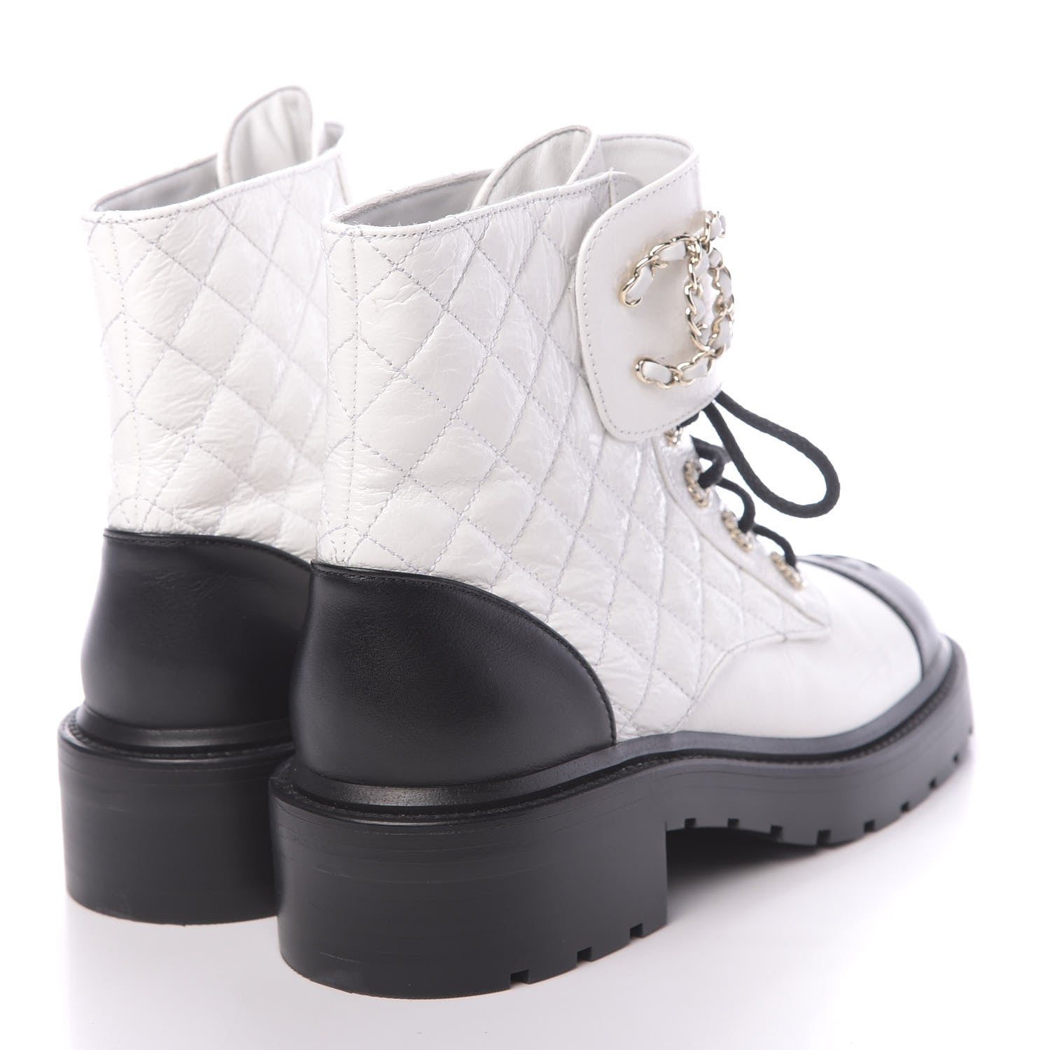 Chanel Shiny Goatskin Calfskin Quilted Lace Up Combat Boots 38.5 White Black 4 of 10