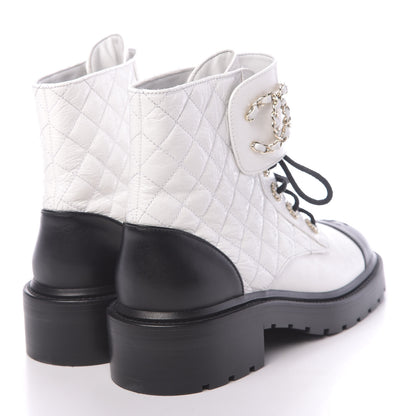 Chanel Shiny Goatskin Calfskin Quilted Lace Up Combat Boots 38.5 White Black 4 of 10