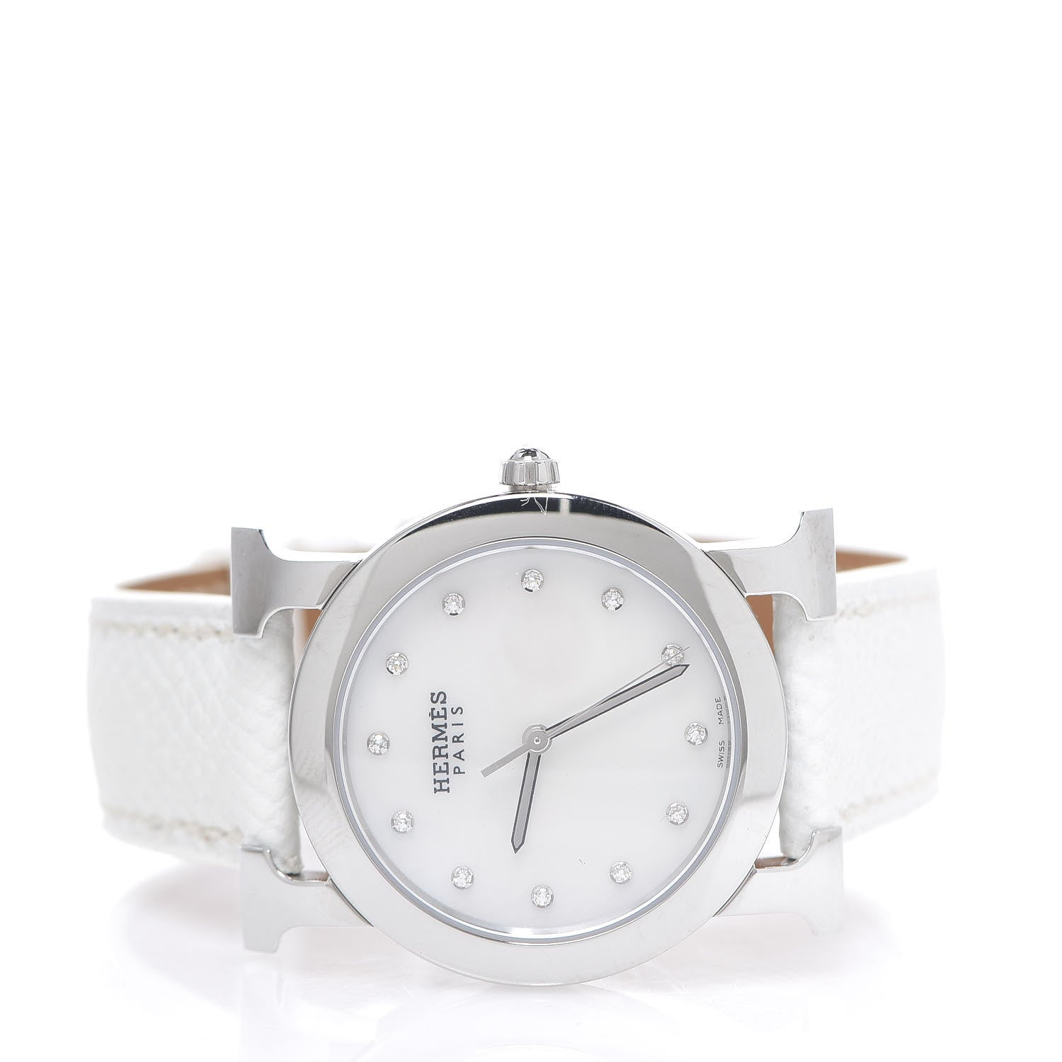 Hermes Stainless Steel Epsom Diamond Mother of Pearl 31mm H Ronde Quartz Watch Blanc 2 of 7