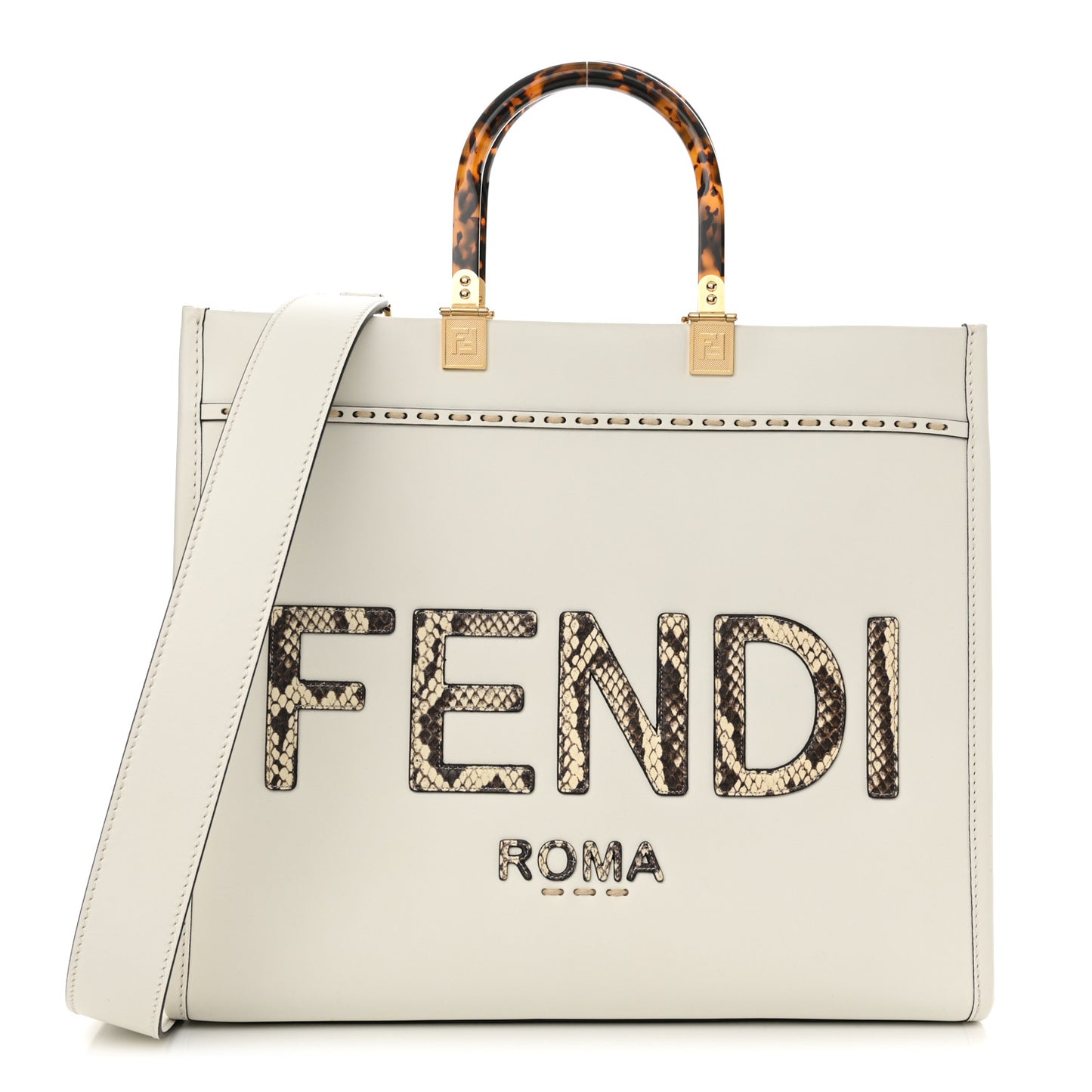 Vitello King Plexiglass Elaphe Snakeskin Print Logo Medium Fendi Sunshine Shopper Tote Ice White