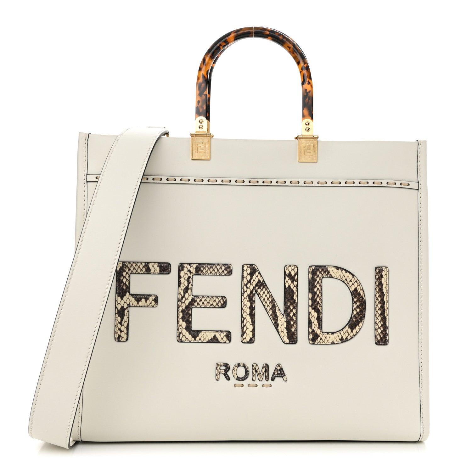Fendi Vitello King Plexiglass Elaphe Snakeskin Print Logo Medium Fendi Sunshine Shopper Tote Ice White 1 of 14