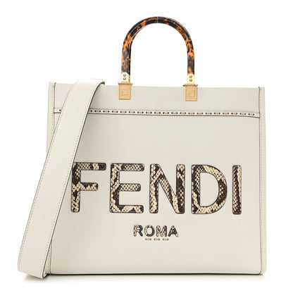 Fendi Vitello King Plexiglass Elaphe Snakeskin Print Logo Medium Fendi Sunshine Shopper Tote Ice White 1 of 14