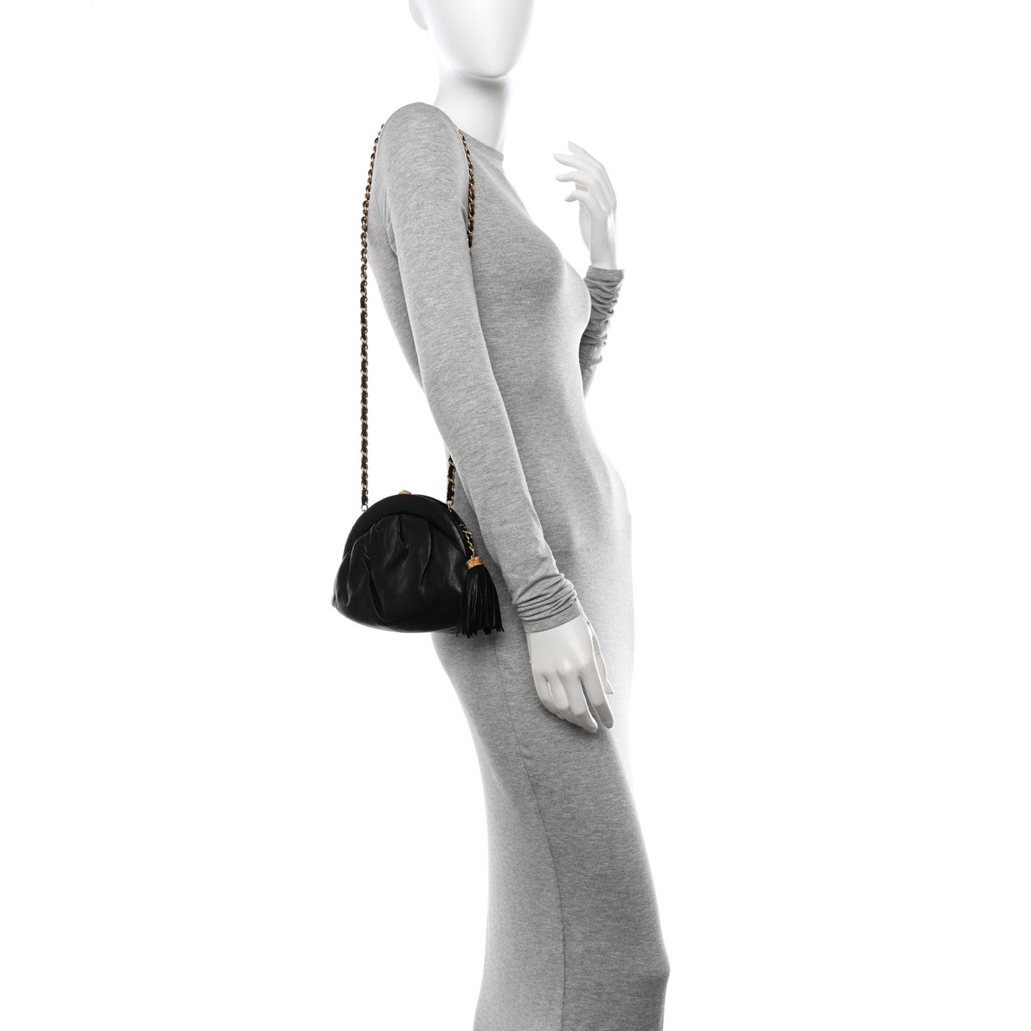 Lambskin Quilted Tassel Kiss Lock Evening Clutch With Chain Black