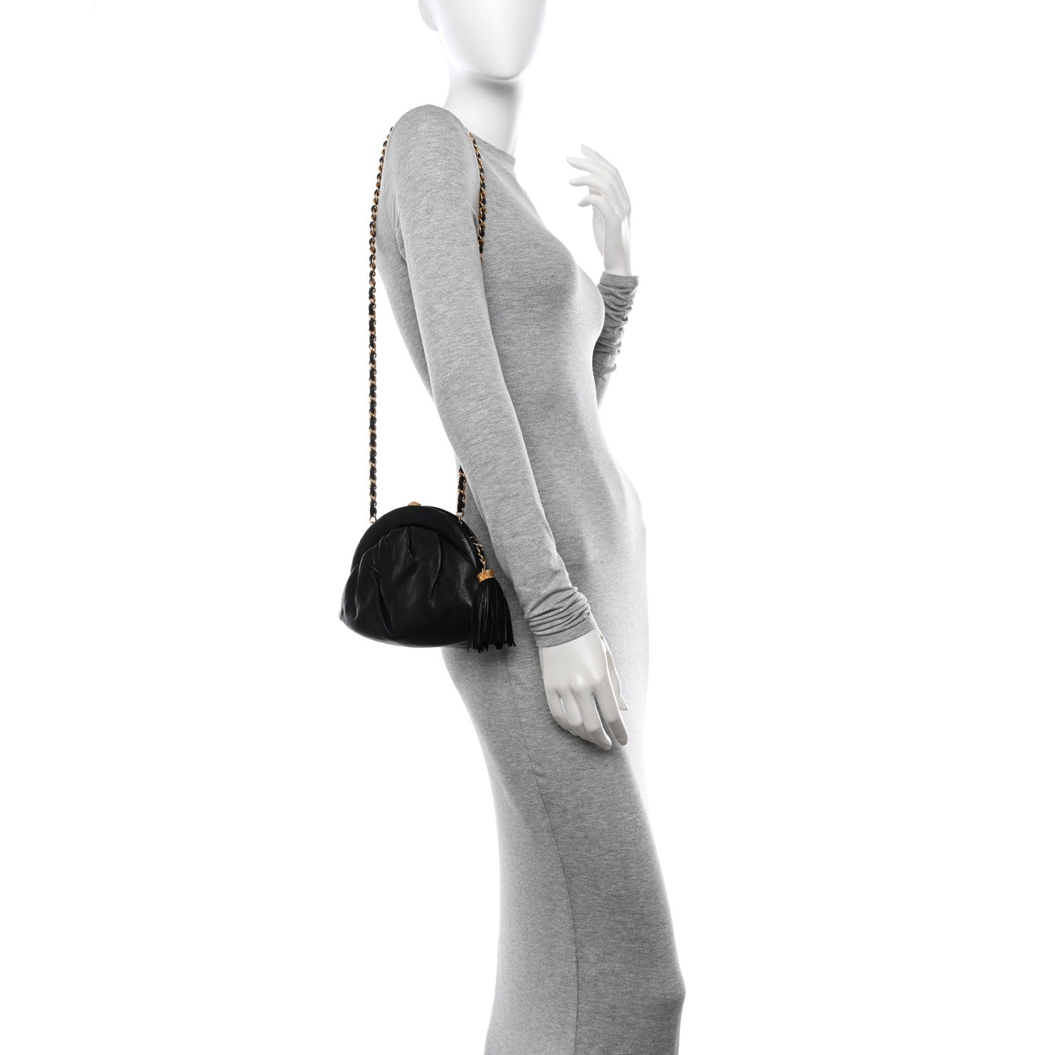 Chanel Lambskin Quilted Tassel Kiss Lock Evening Clutch With Chain Black 3 of 11
