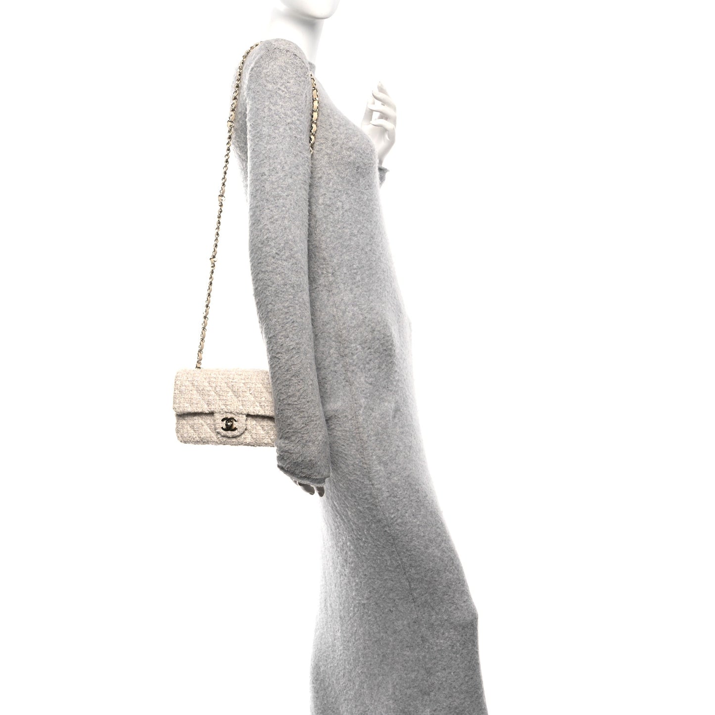 Tweed Quilted Mini Rectangular Flap Beige