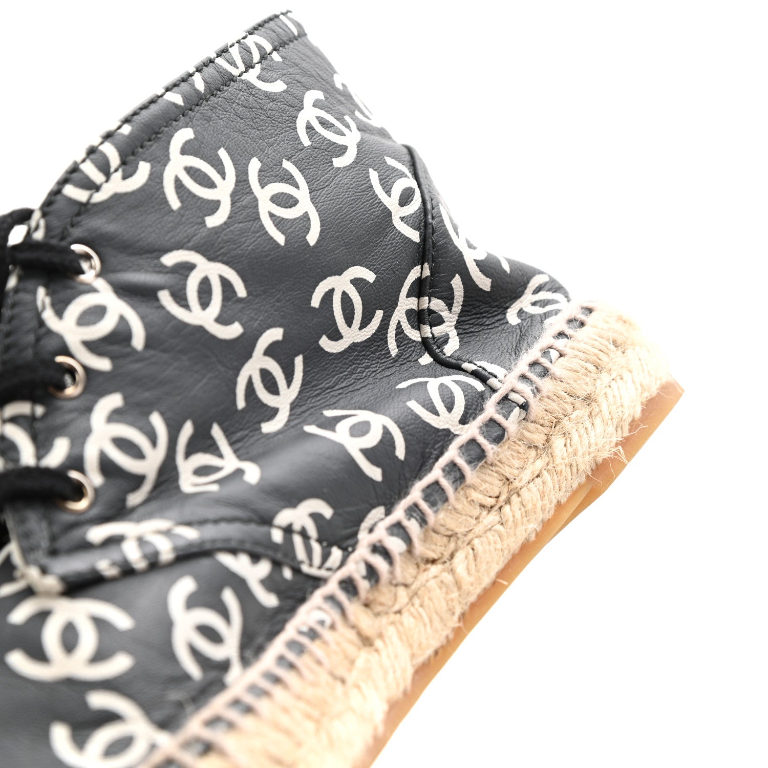 Chanel Lambskin Printed CC Lace Up Espadrilles 38 Black White 14 of 15