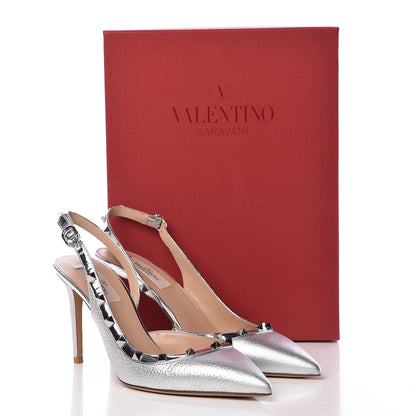 Valentino Garavani Metallic Pebbled Calfskin Rockstud Half D'Orsay Slingback 85mm Pumps 40 Silver 10 of 10
