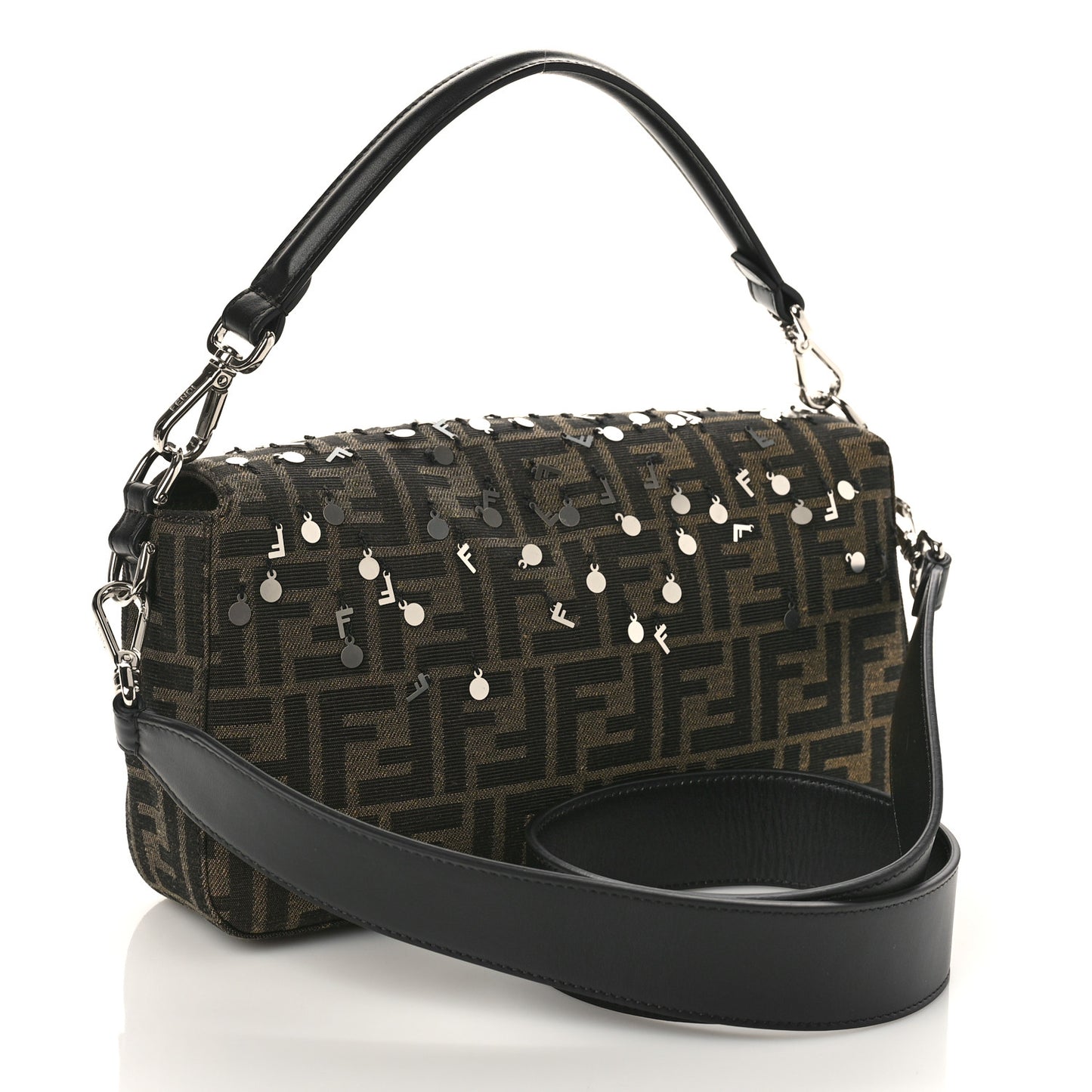 Fabric Jacquard F Paillettes Vitello Cover FF 1974 Embroidered Baguette Tobacco Moro Argento