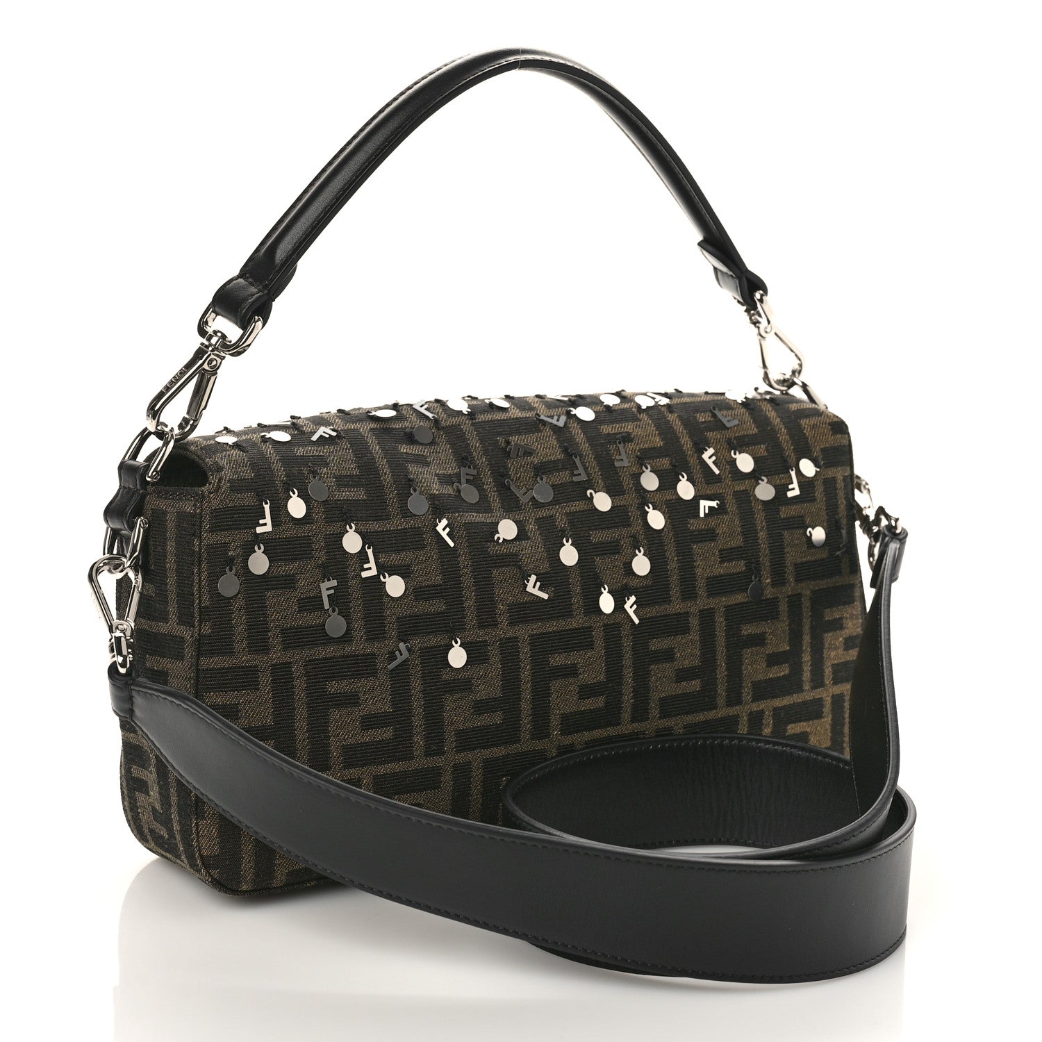 Fendi Fabric Jacquard F Paillettes Vitello Cover FF 1974 Embroidered Baguette Tobacco Moro Argento 3 of 8