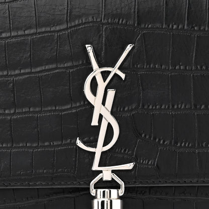 Saint Laurent Calfskin Crocodile Embossed Kate Monogram Tassel Chain Wallet Black 6 of 11