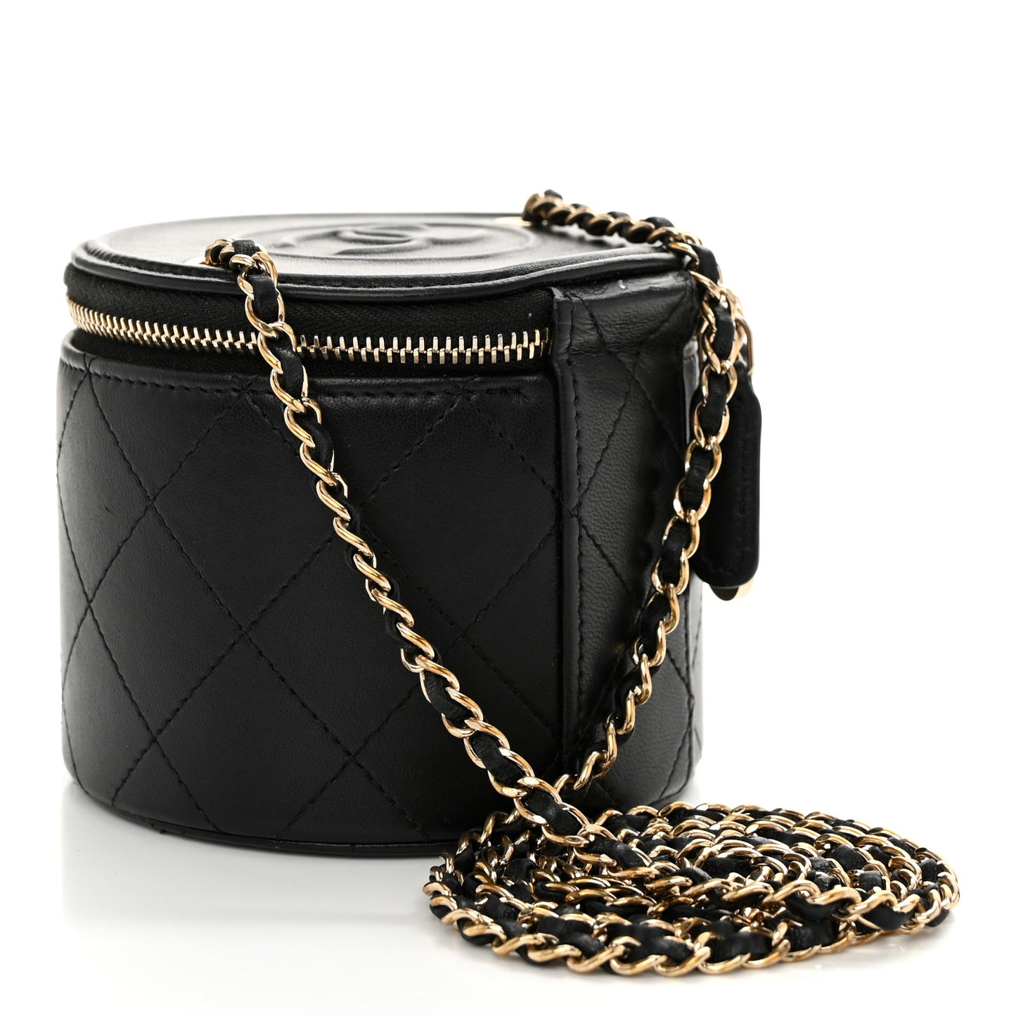 Lambskin Quilted Round Small Vanity Case With Chain Black