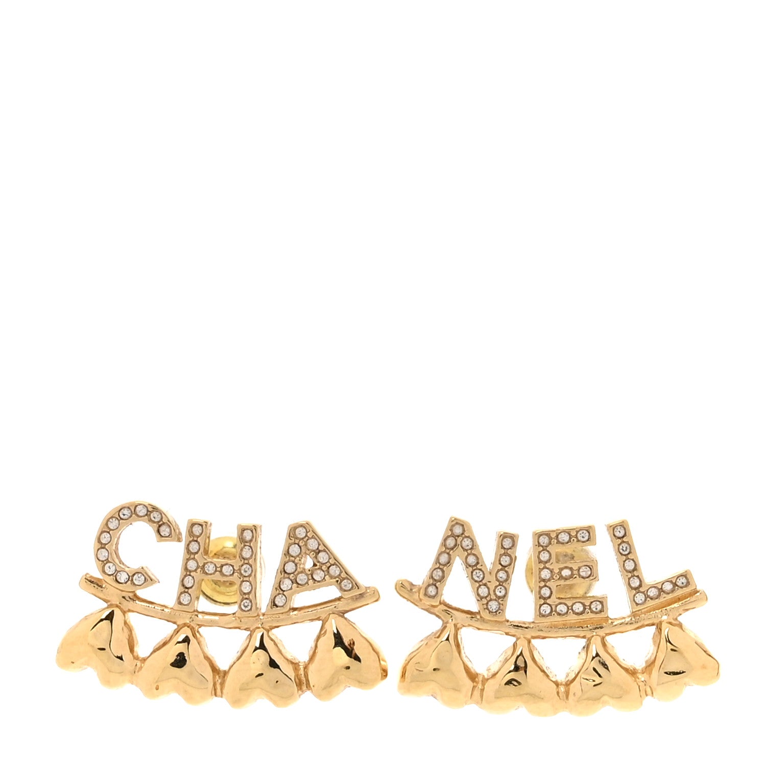 Chanel Crystal Heart Cha-Nel Logo Earrings Gold 1 of 6