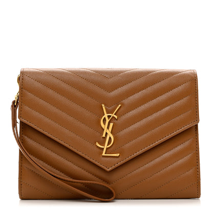 Saint Laurent Grain De Poudre Matelasse Chevron Monogram Cassandre Flap Pouch Natural Dark 1 of 9