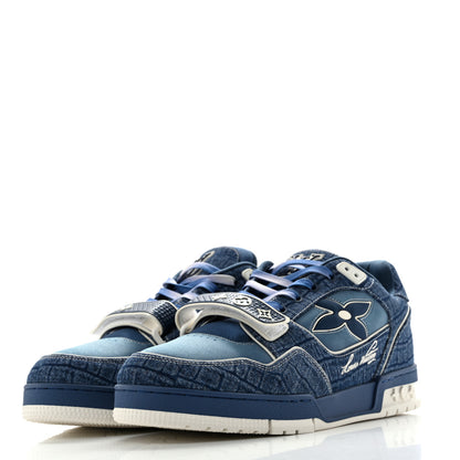 Louis Vuitton Crocodile Embossed Denim Suede Mens LV Trainer Sneakers 10 Sea Blue 4 of 9