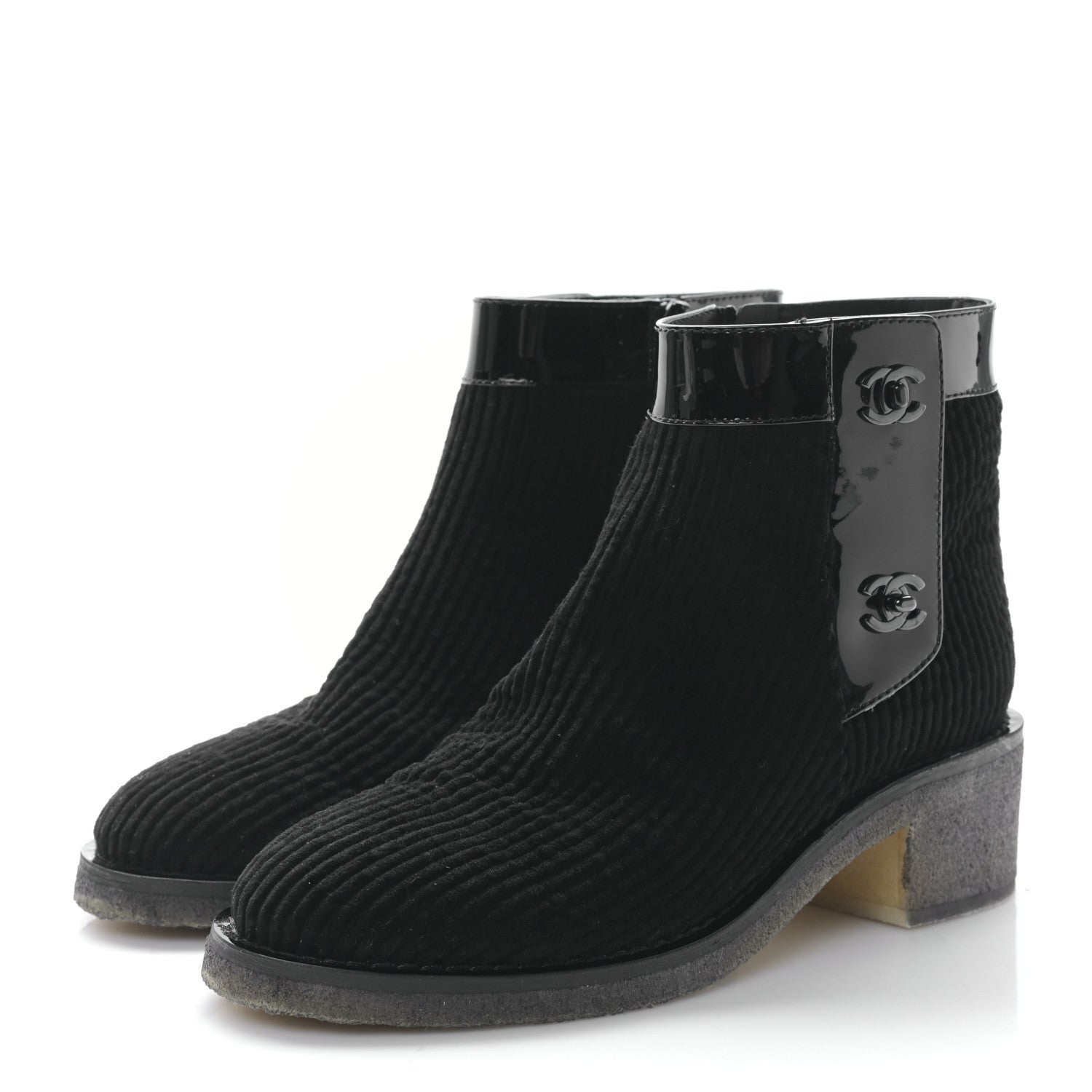 Chanel Velvet Patent CC Turnlock Ankle Boots 38 Black 3 of 8