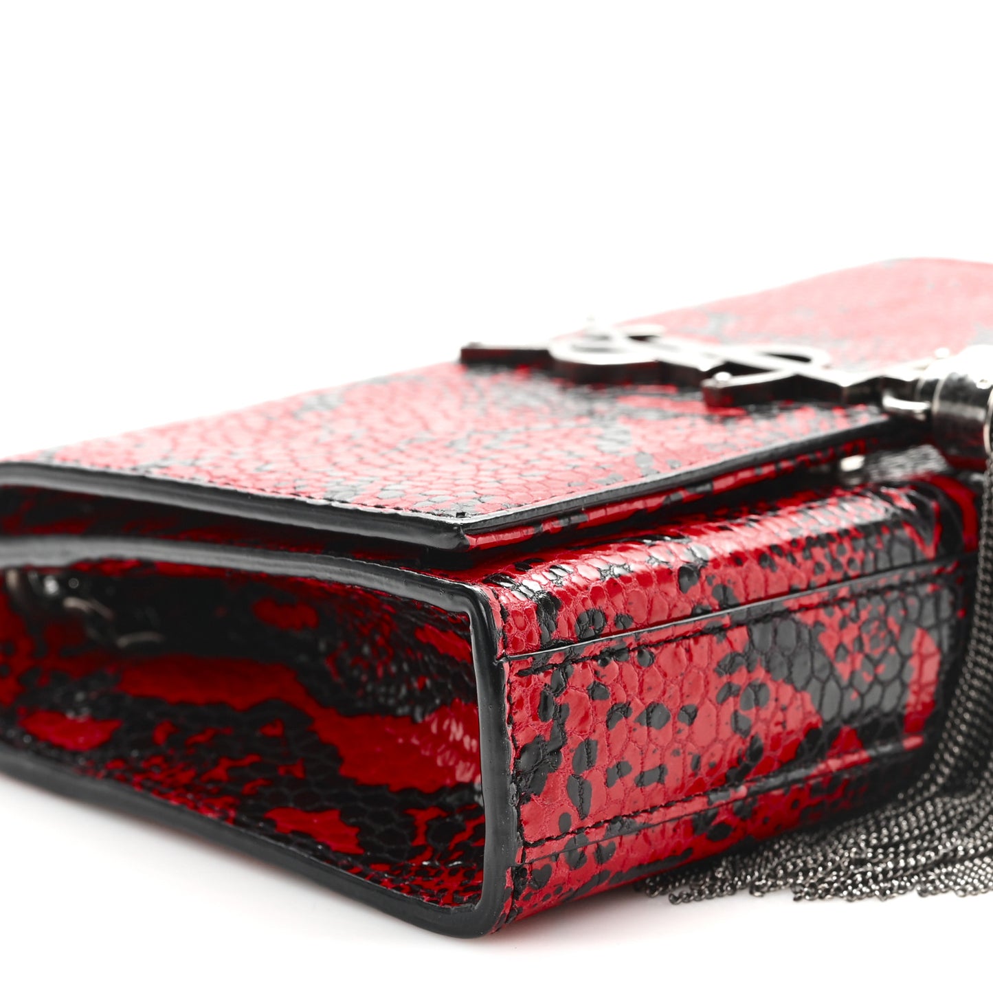 Calfskin Snakeskin Embossed Small Classic Monogram Kate Tassel Satchel Red Black