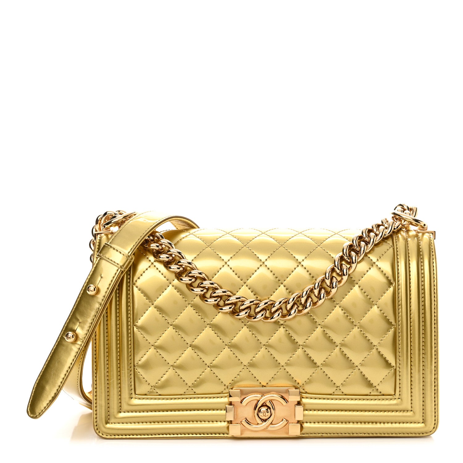 Chanel Metallic Patent Calfskin Quilted Medium Boy Flap Light Gold 1 of 15