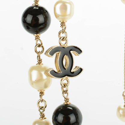 Chanel Pearl Bead Enamel CC Long Necklace Black Gold 4 of 7