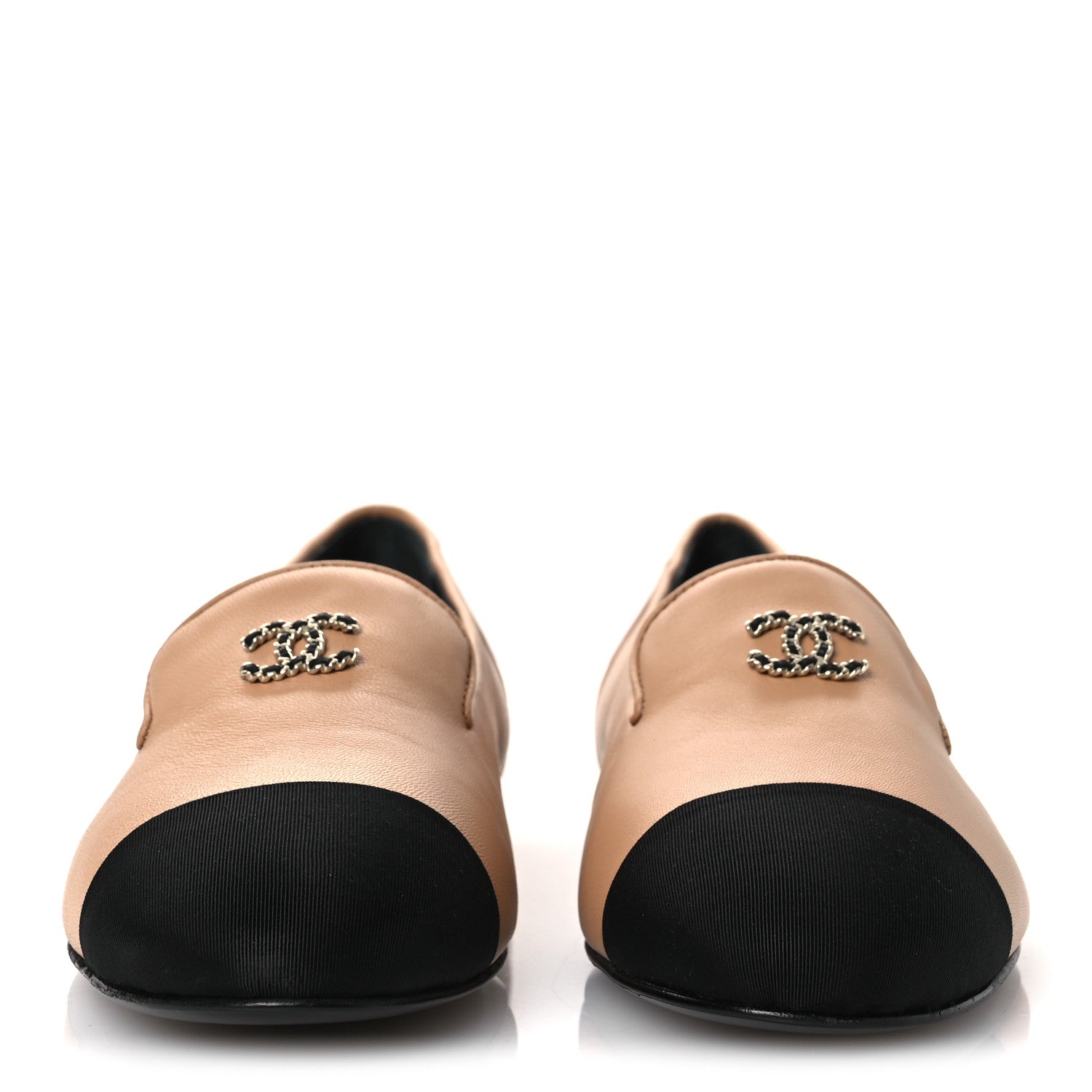 Chanel Lambskin Grosgrain Cap Toe CC Moccasin Loafers 41 Beige Black 3 of 10