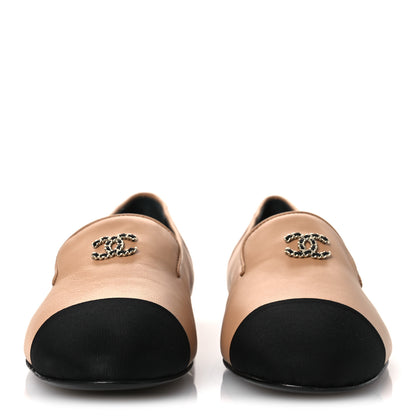 Chanel Lambskin Grosgrain Cap Toe CC Moccasin Loafers 41 Beige Black 3 of 10