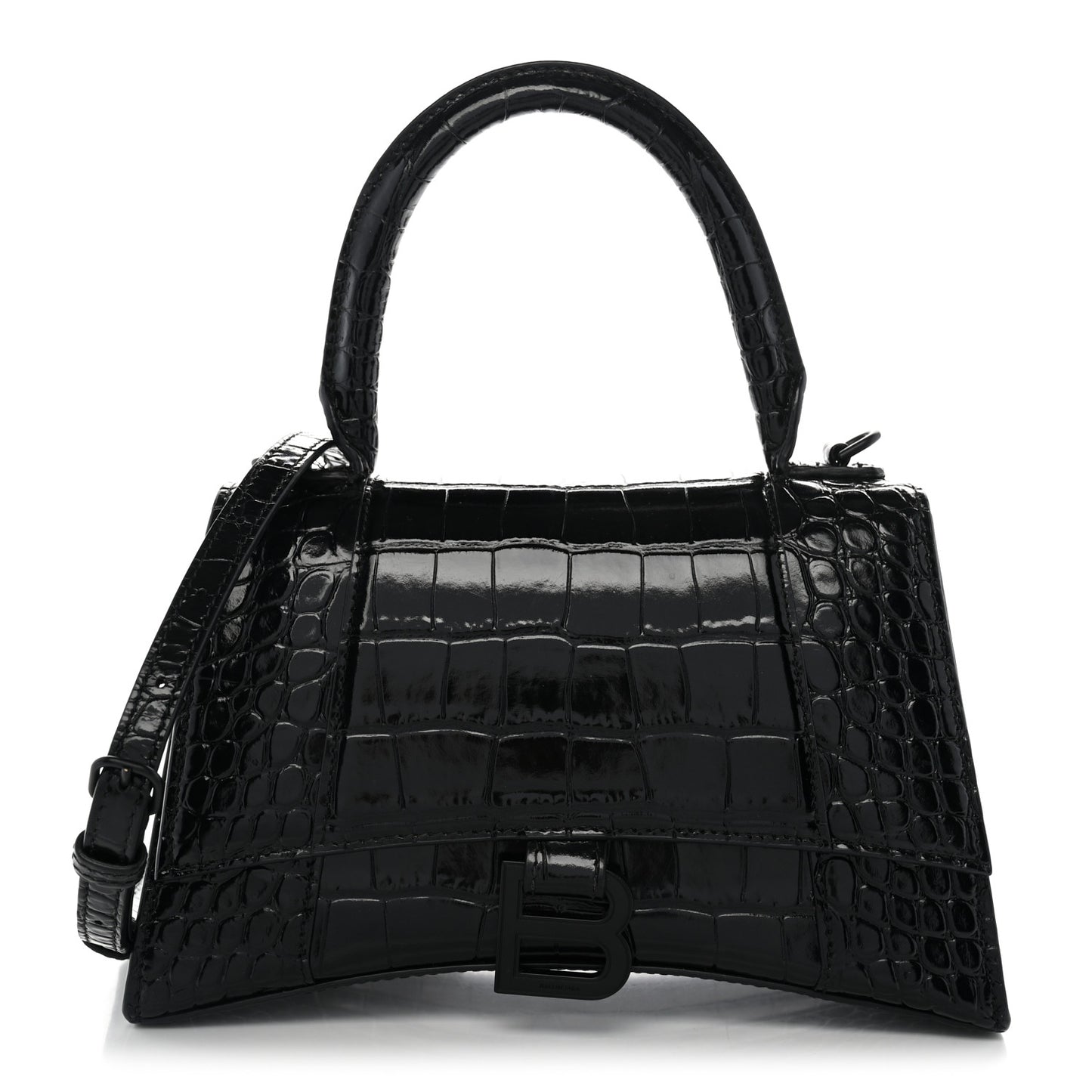 Shiny Calfskin Monochrome Crocodile Embossed Small Hourglass Top Handle Bag Black